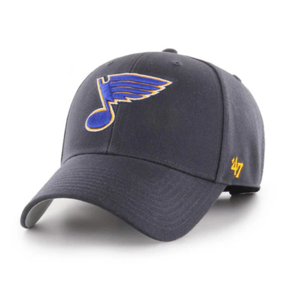 A photo of the 47 brand hat for the St. Louis Blues in colour navy blue.