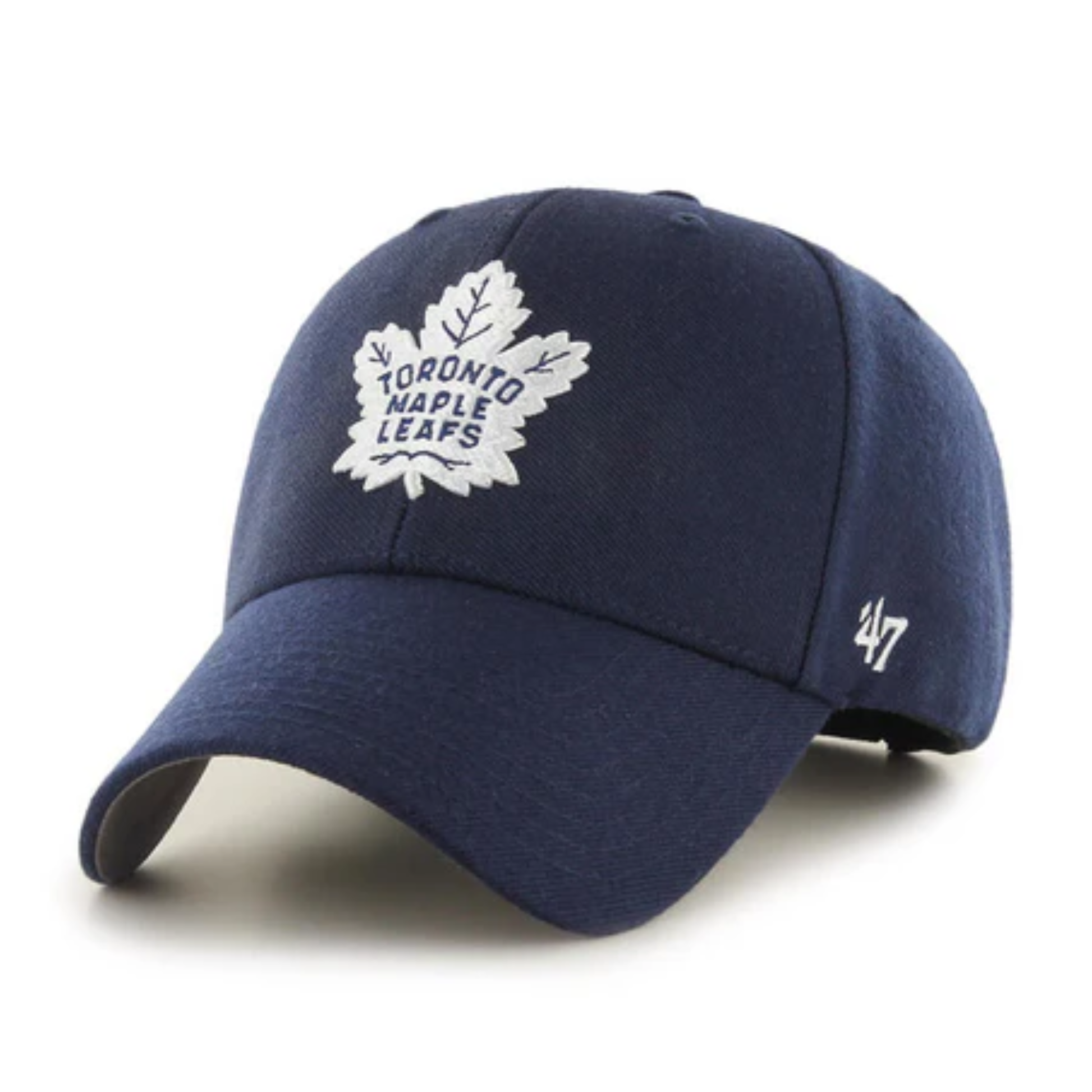 A photo of the 47 brand hat for the Toronto Maple Leafs with navy blue colour.