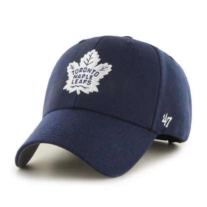 A photo of the 47 brand hat for the Toronto Maple Leafs with navy blue colour.