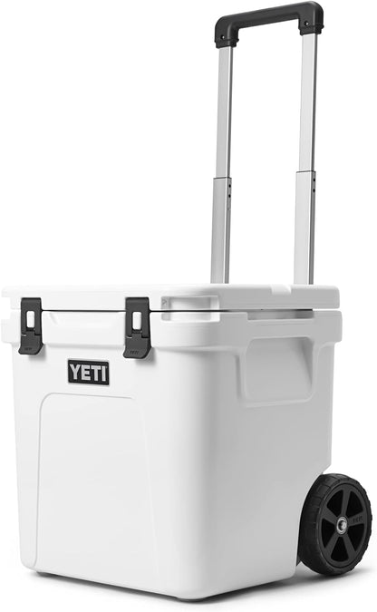 A photo of the Yeti Roadie 48 Wheeled Cooler in colour white, front, closed-lid view.