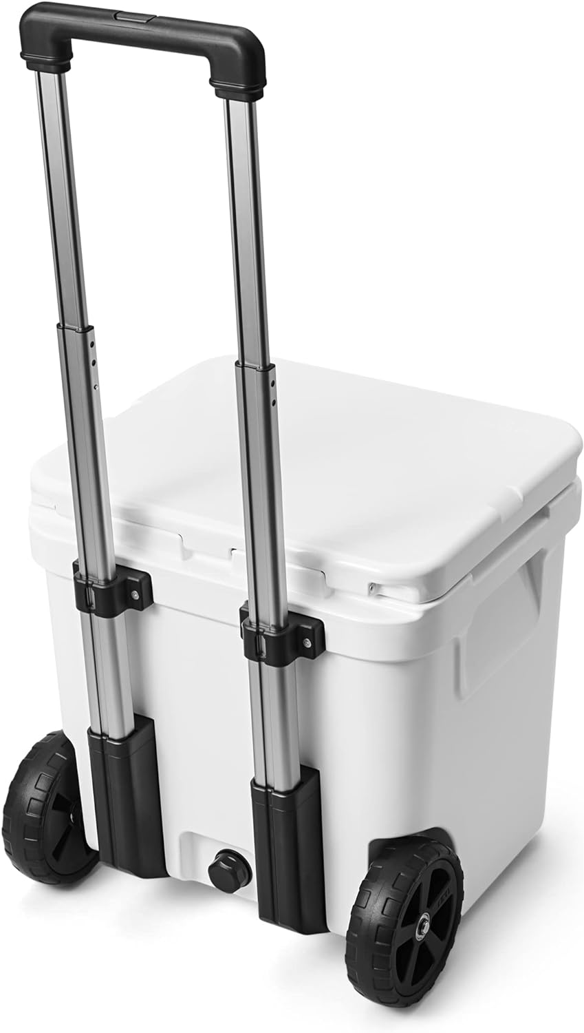 A photo of the Yeti Roadie 48 Wheeled Cooler in colour white, rear, closed-lid view.