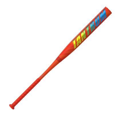 A photo of the Easton Tantrum Loaded 12" 2-Piece Slo-Pitch Softball Bat (2026) in colour red with yellow and blue text.