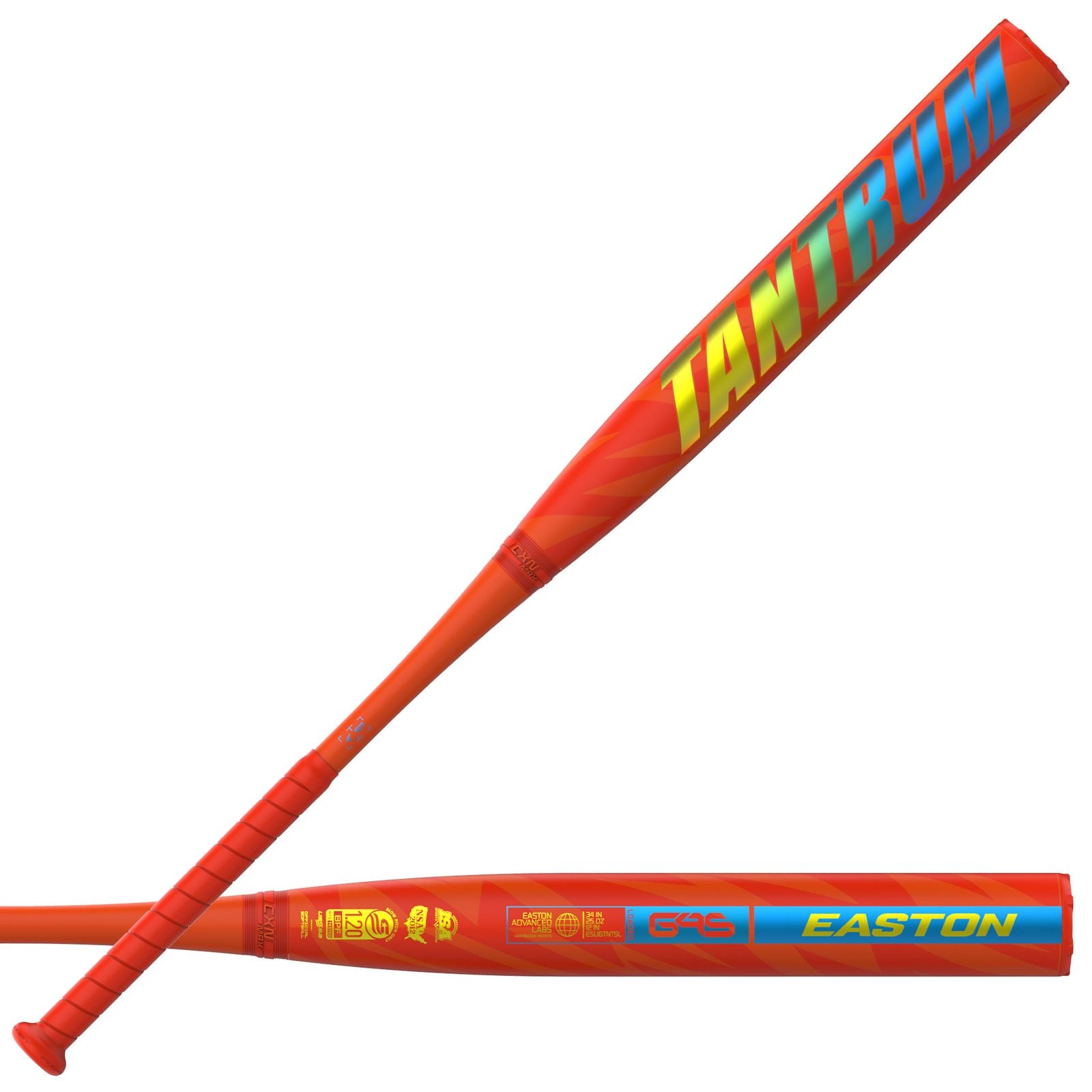 A photo of the Easton Tantrum Loaded 12" 2-Piece Slo-Pitch Softball Bat (2026) in colour red with yellow and blue text.