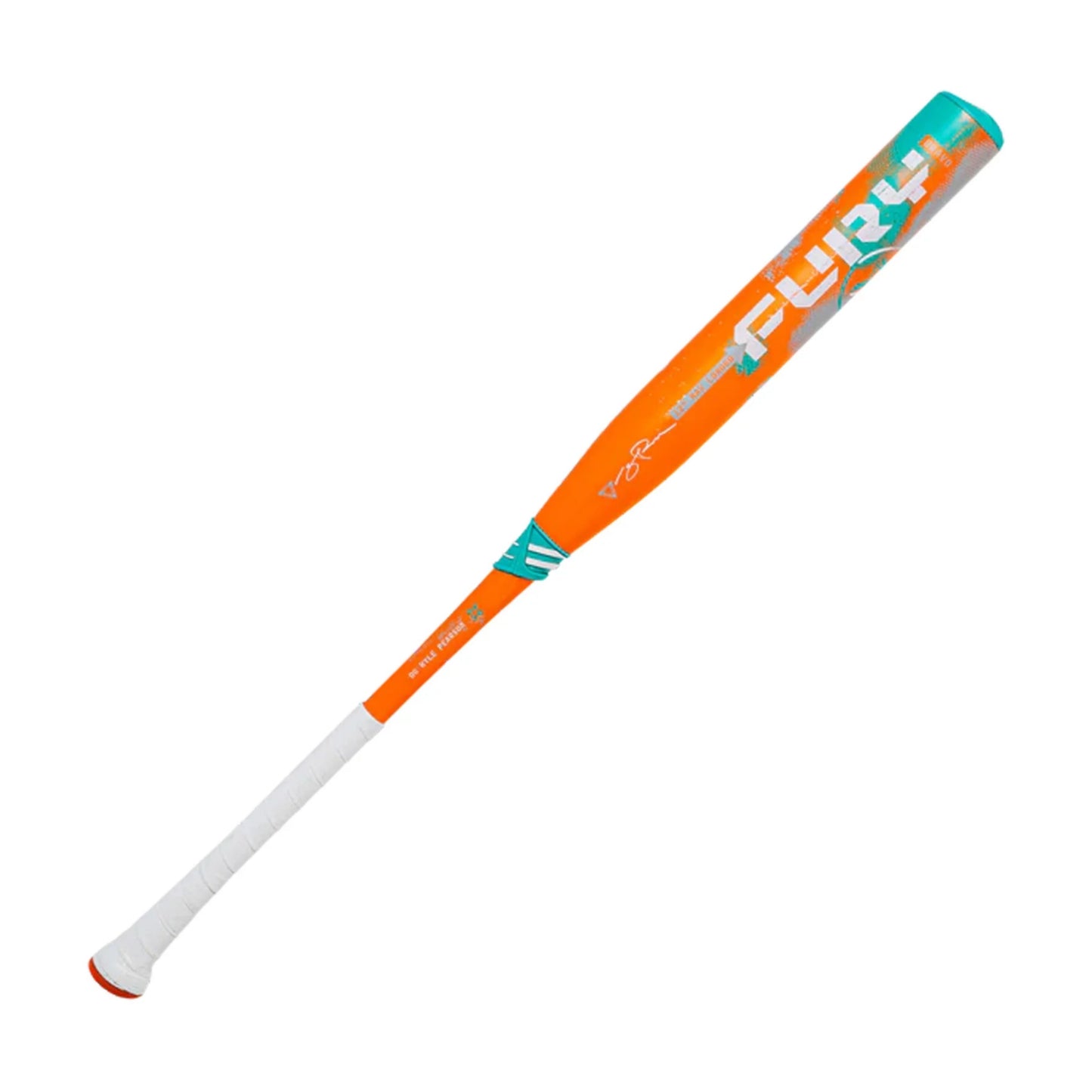 A photo of the Axe Fury Bravo Kyle Pearson Signature USSSA 12" Maxload Flared Handle Slo-pitch Bat in colour orange and teal.
