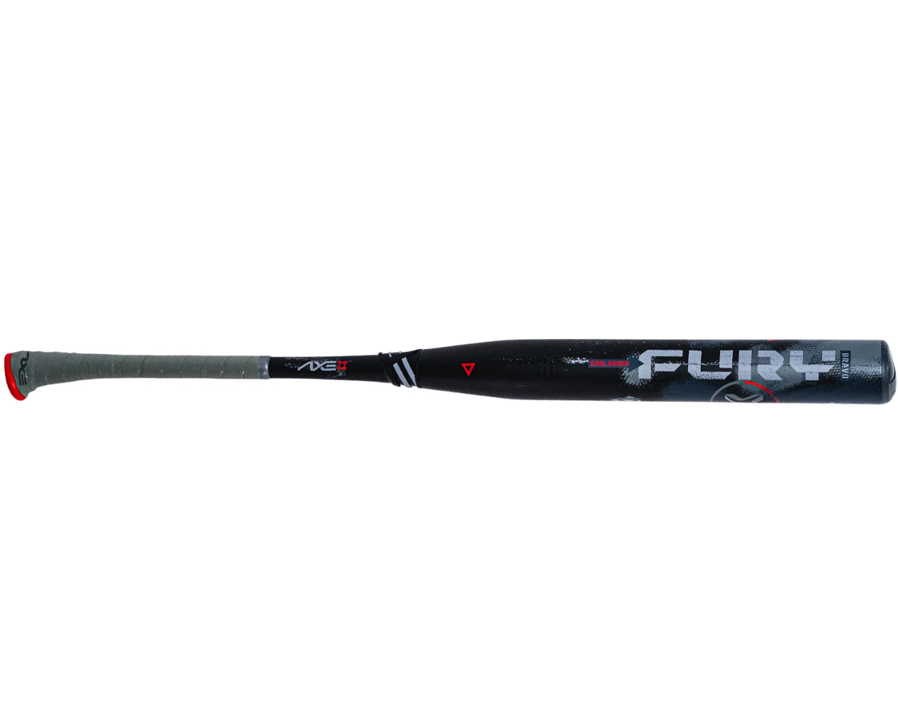 A photo of the Axe Fury Bravo USSSA Endloaded Slo-pitch Bat in colour black with grey axe handle grip.