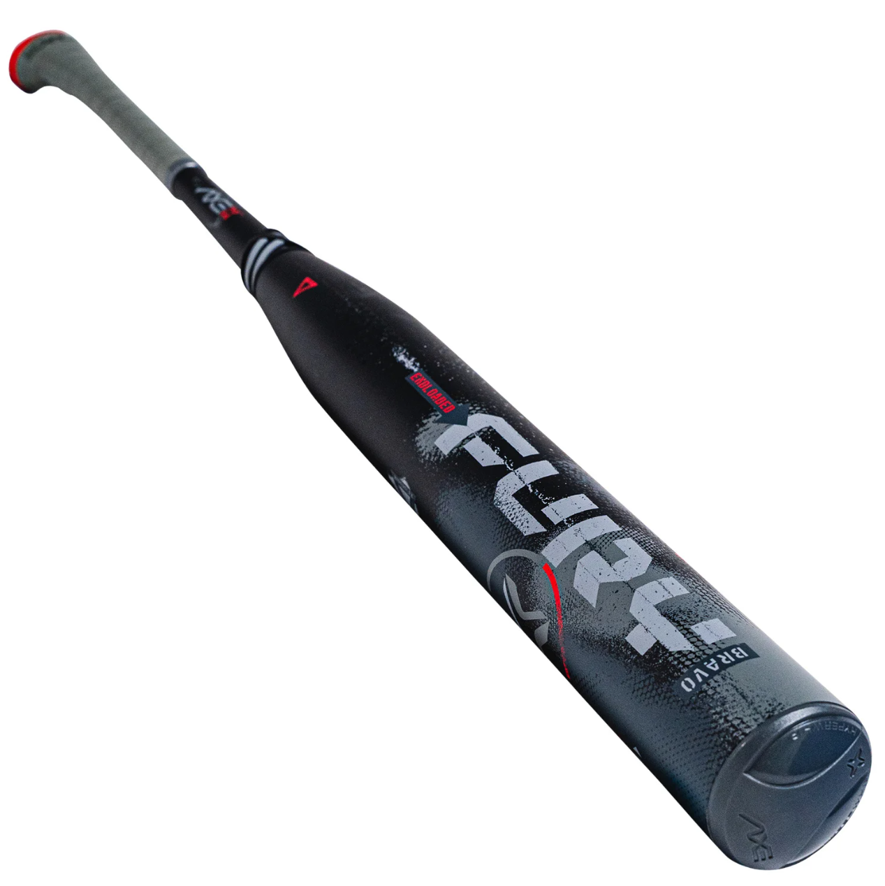 A photo of the Axe Fury Bravo USSSA Endloaded Slo-pitch Bat in colour black with grey axe handle grip.