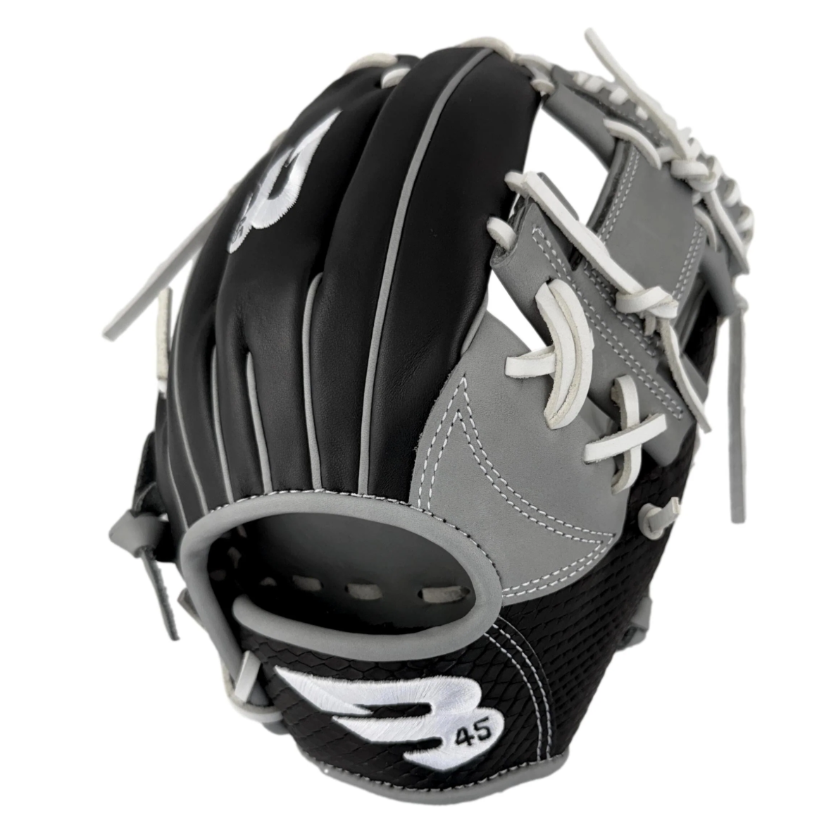 A photo of the B45 Diamond Series I-Web 11.5 Baseball Glove Black in colour black and grey.