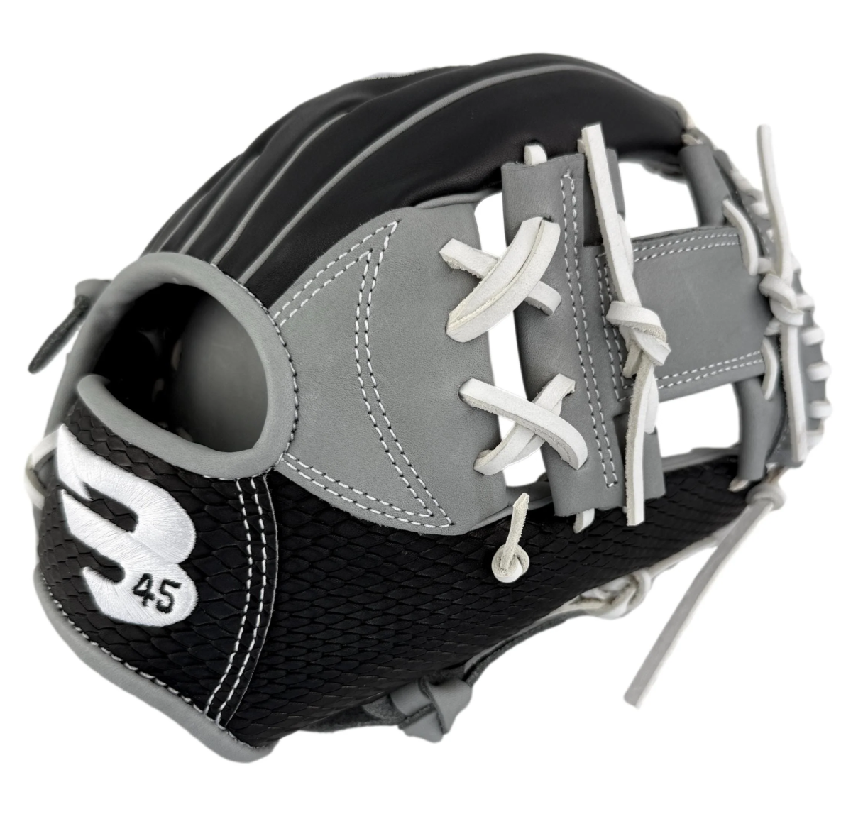 A photo of the B45 Diamond Series I-Web 11.5 Baseball Glove Black in colour black and grey.