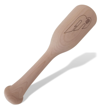 A photo of the B45 Glove Mallet in unfinished wood with a B45 logo.