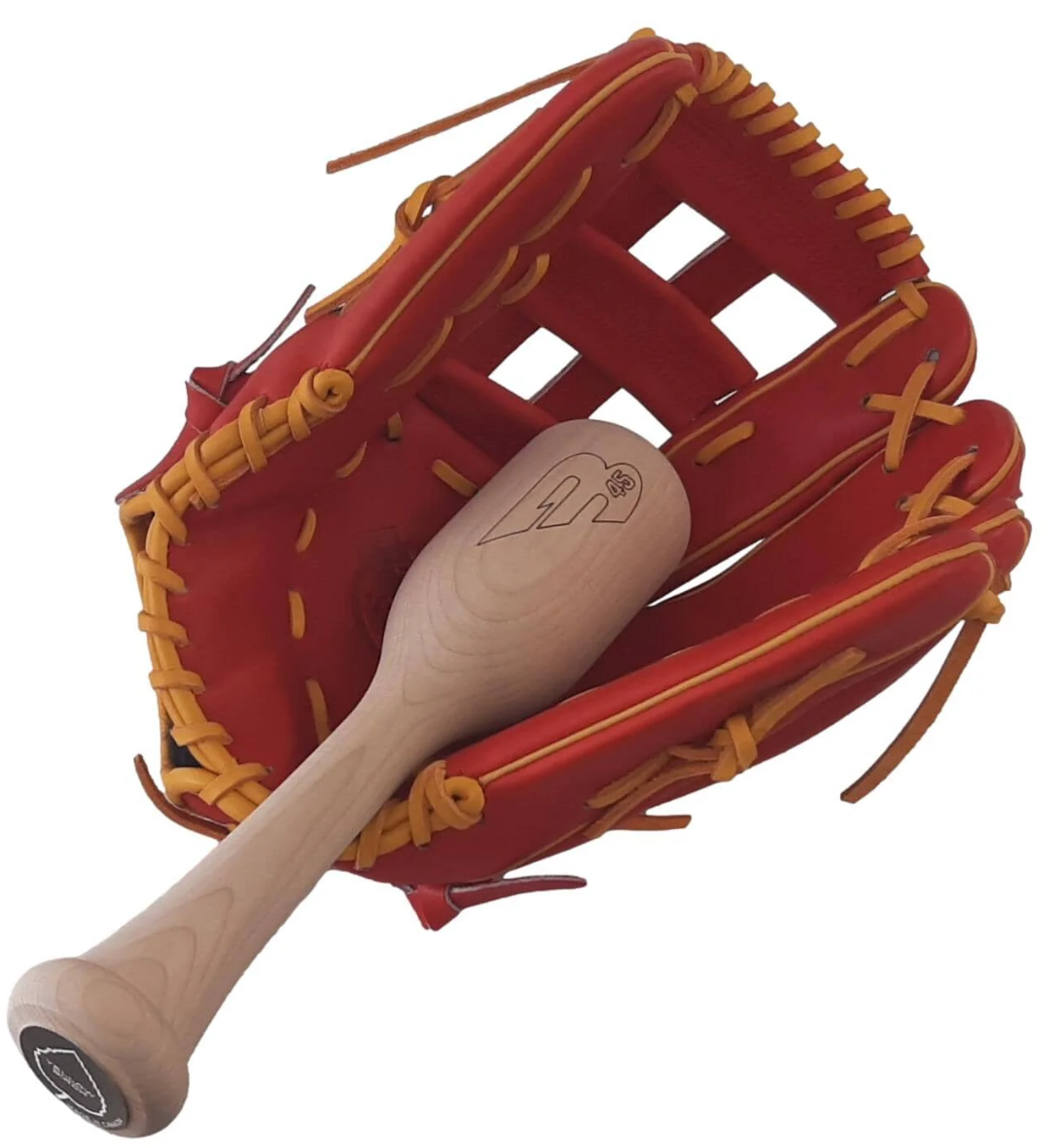 A photo of the B45 Glove Mallet in unfinished wood with a B45 logo, a red baseball glove behind it.