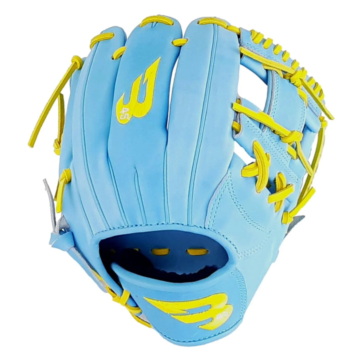 A photo of the B45 Pro Series 11.5" I-Web Baseball Glove in colour blue and yellow.