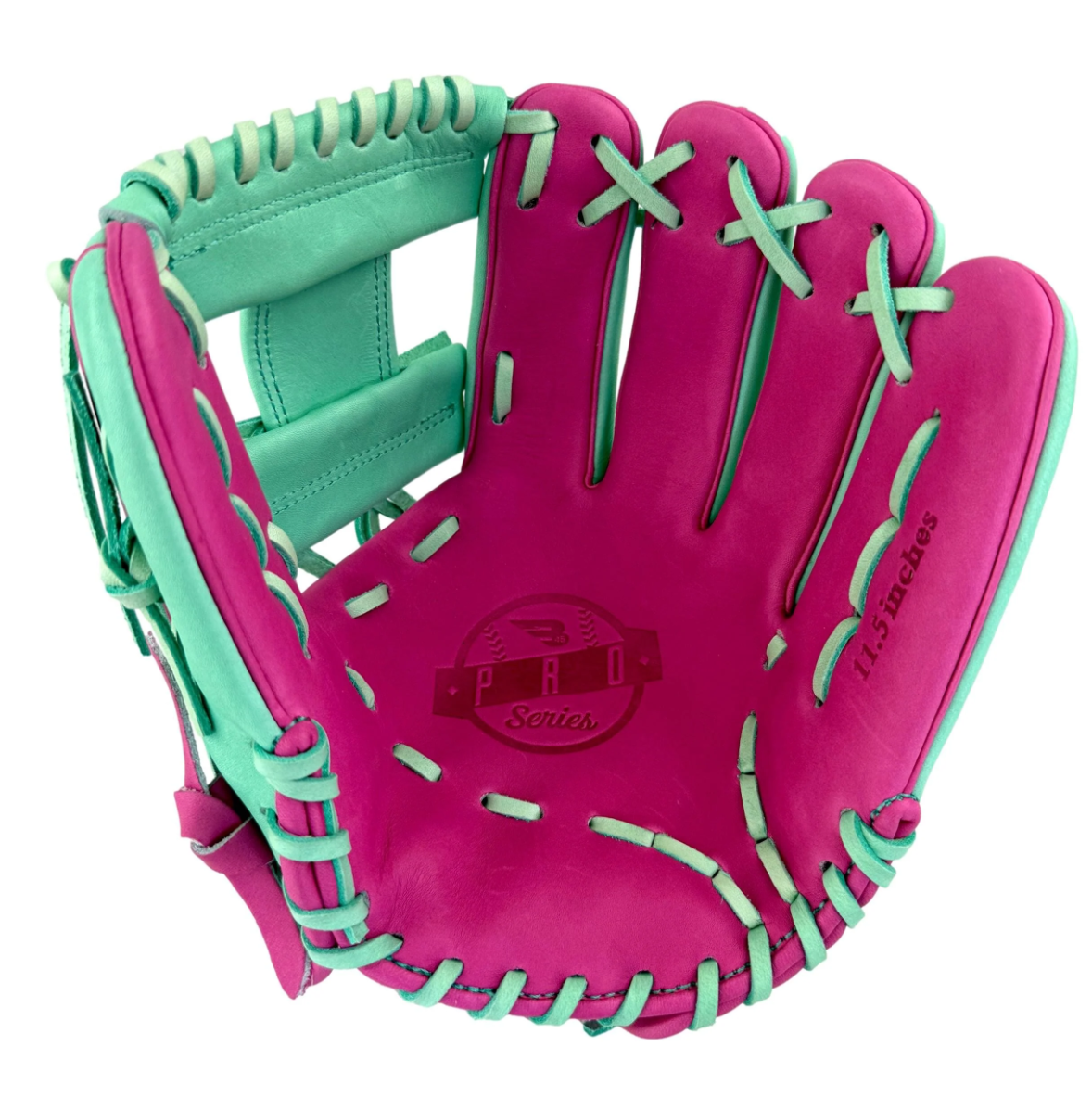 A photo of the B45 Pro Series 11.5" I-Web Baseball Glove in colour teal and pink.