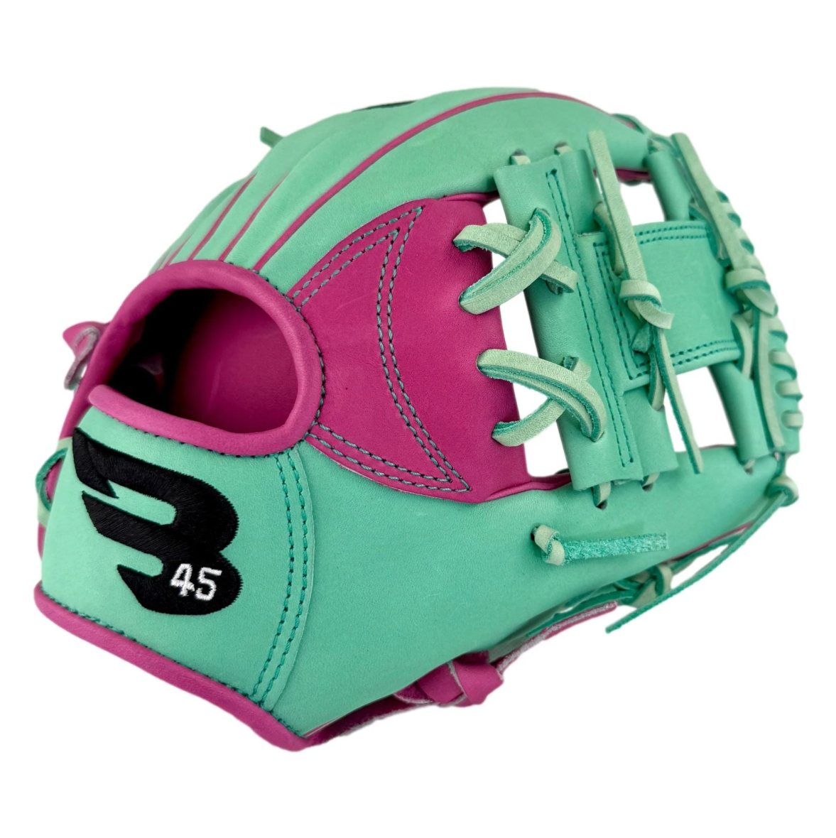 A photo of the B45 Pro Series 11.5" I-Web Baseball Glove in colour teal and pink.
