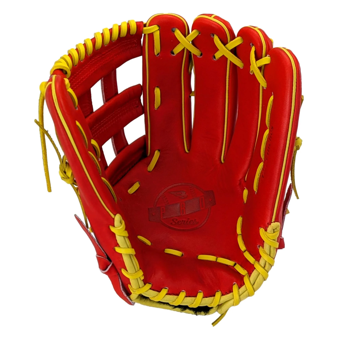 A photo of the B45 Pro Series Fielding 12.75 H-Web Baseball Glove in colour red and yellow.