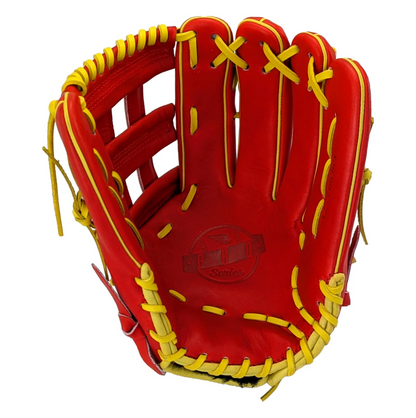 A photo of the B45 Pro Series Fielding 12.75 H-Web Baseball Glove in colour red and yellow.