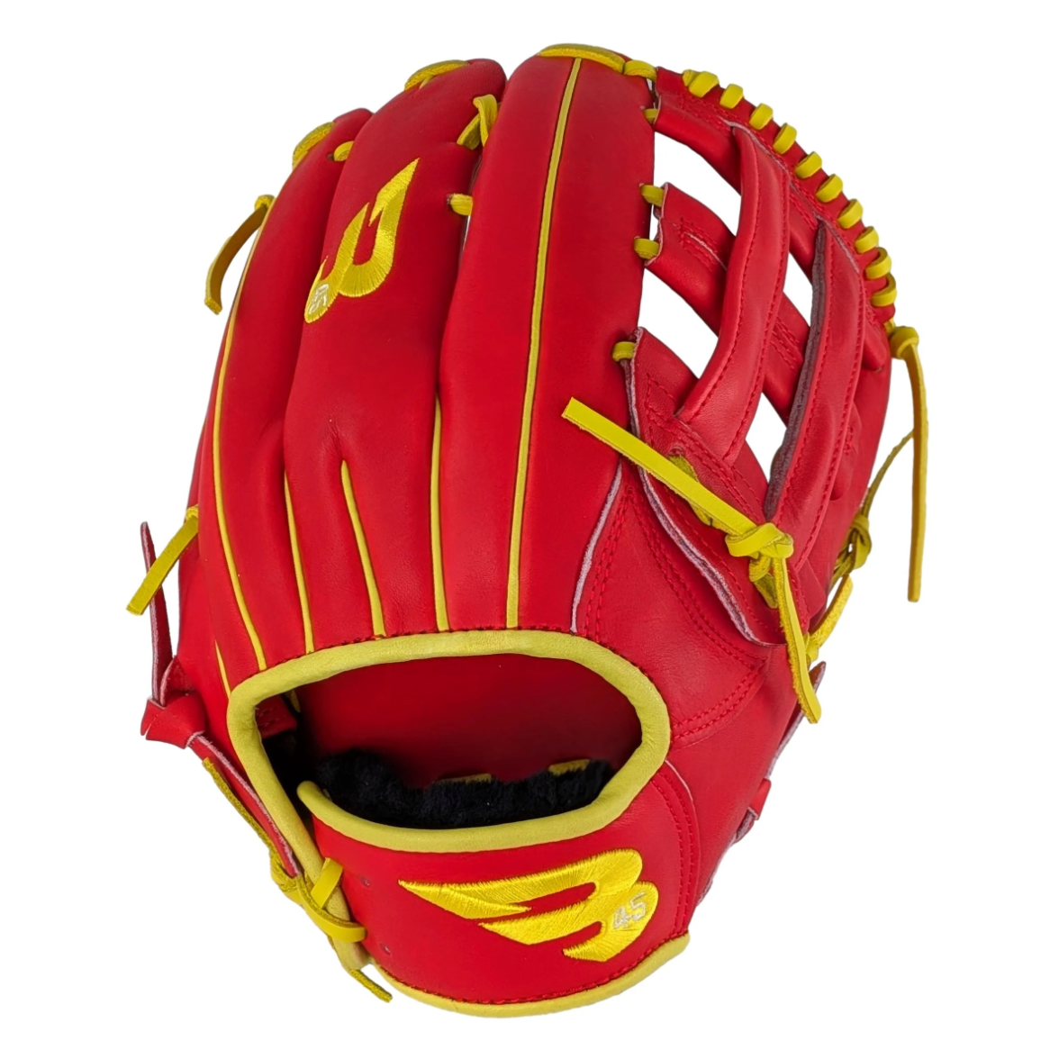 A photo of the B45 Pro Series Fielding 12.75 H-Web Baseball Glove in colour red and yellow.