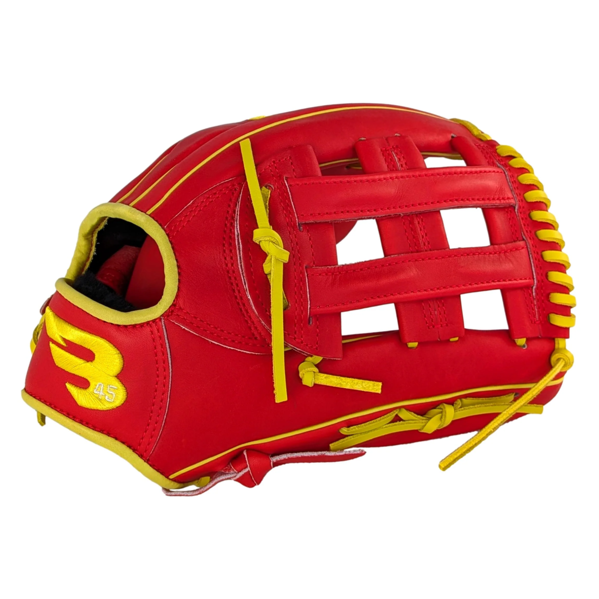 A photo of the B45 Pro Series Fielding 12.75 H-Web Baseball Glove in colour red and yellow.