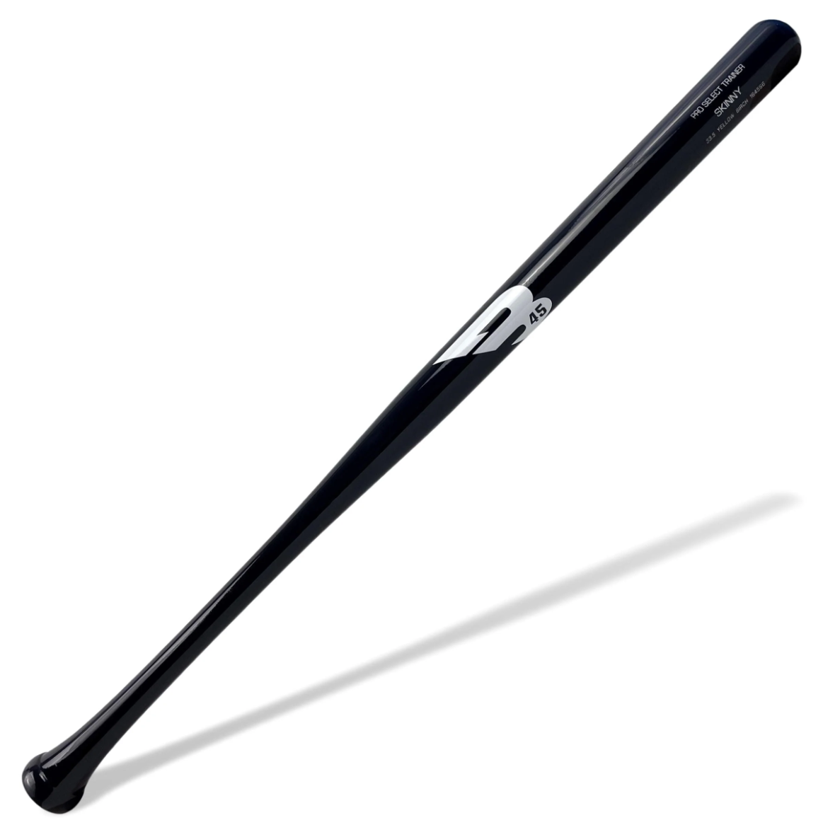A photo of the B45 Skinny Training Bat in colour black with a white logo.