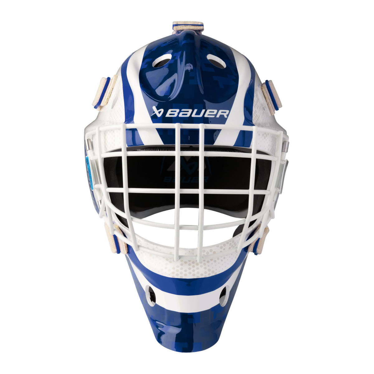 A photo of the BAUER 930 Decal Goal Mask in colour white and blue.