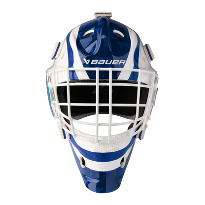 A photo of the BAUER 930 Decal Goal Mask in colour white and blue.
