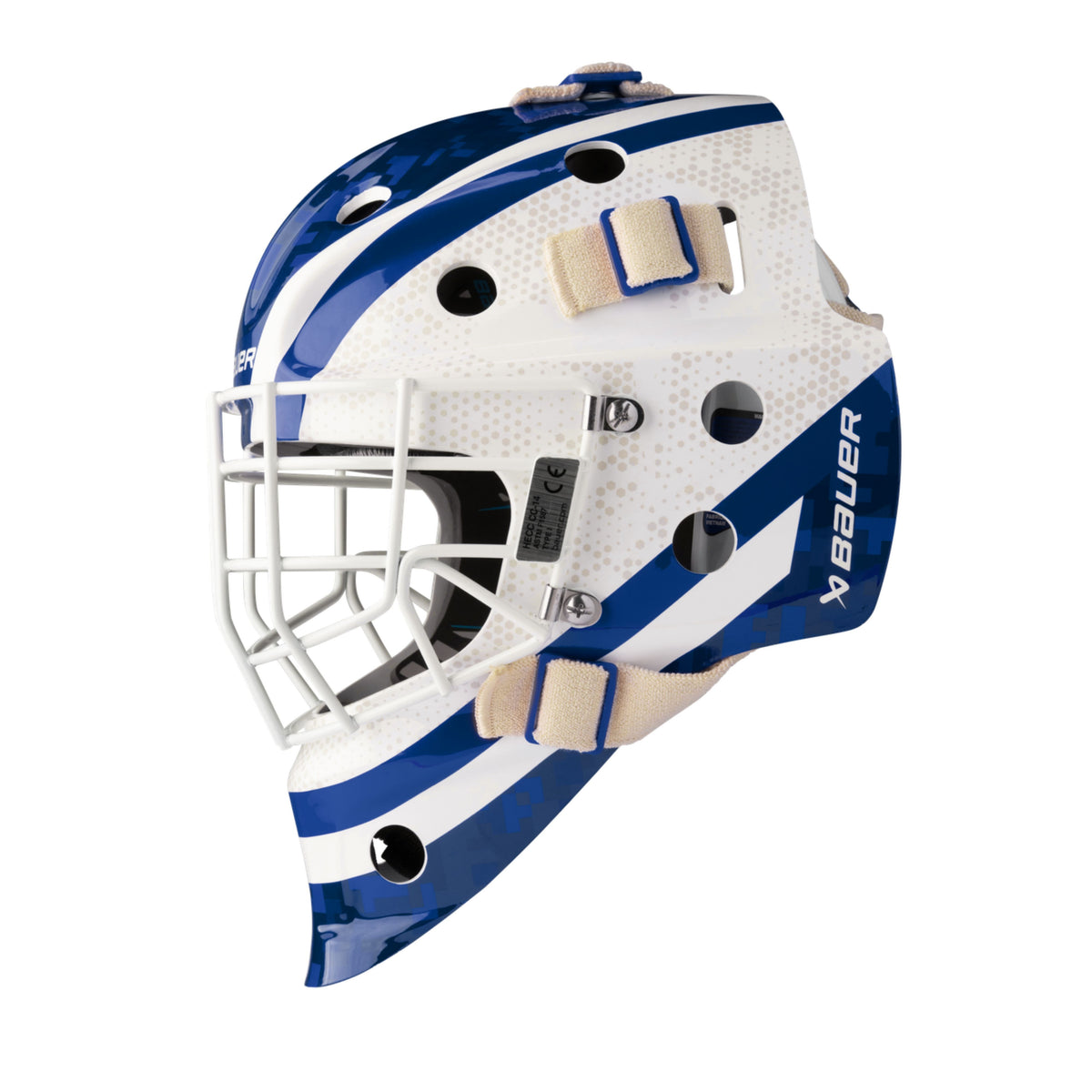 A photo of the BAUER 930 Decal Goal Mask in colour white and blue.