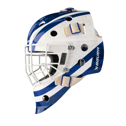 A photo of the BAUER 930 Decal Goal Mask in colour white and blue.