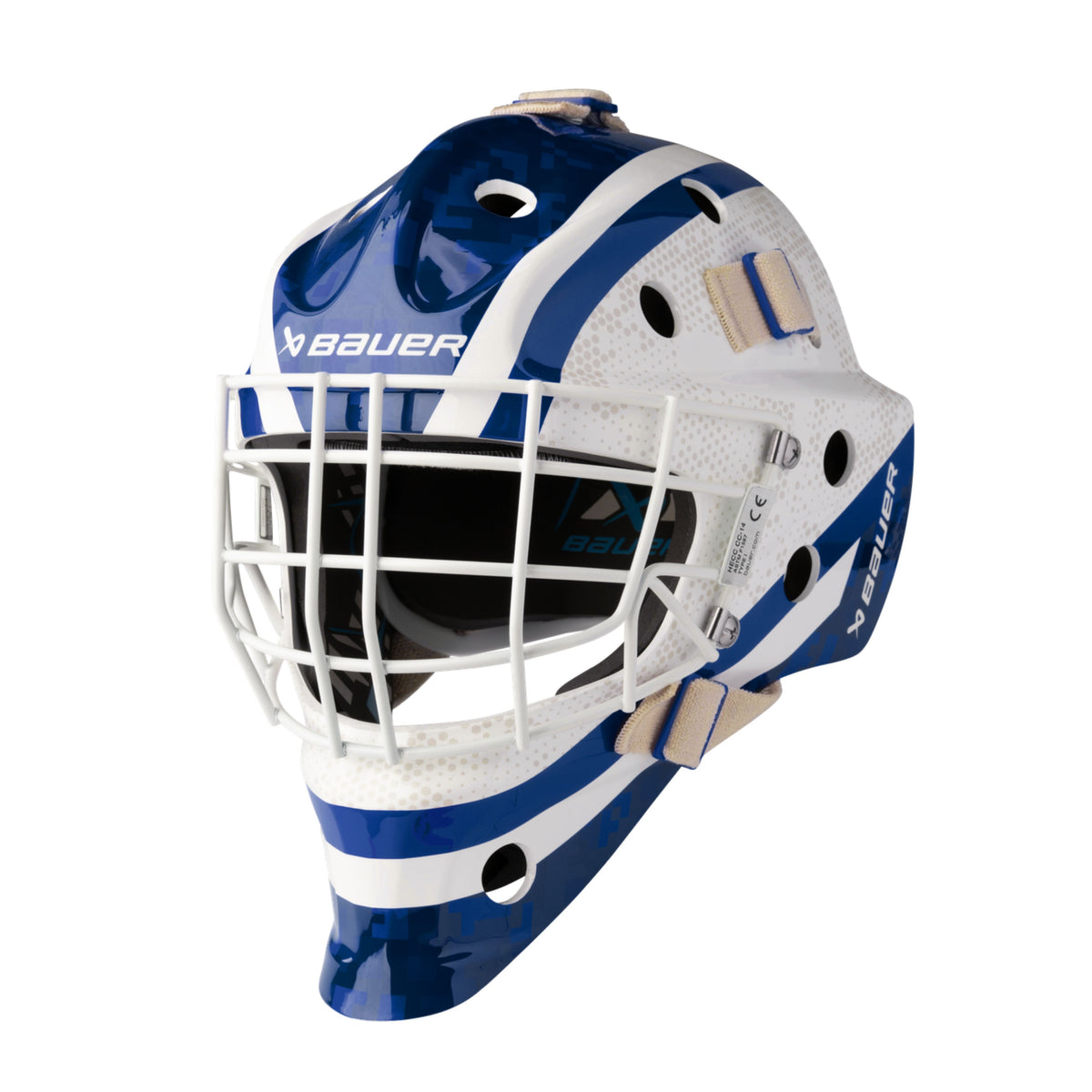 A photo of the BAUER 930 Decal Goal Mask in colour white and blue.