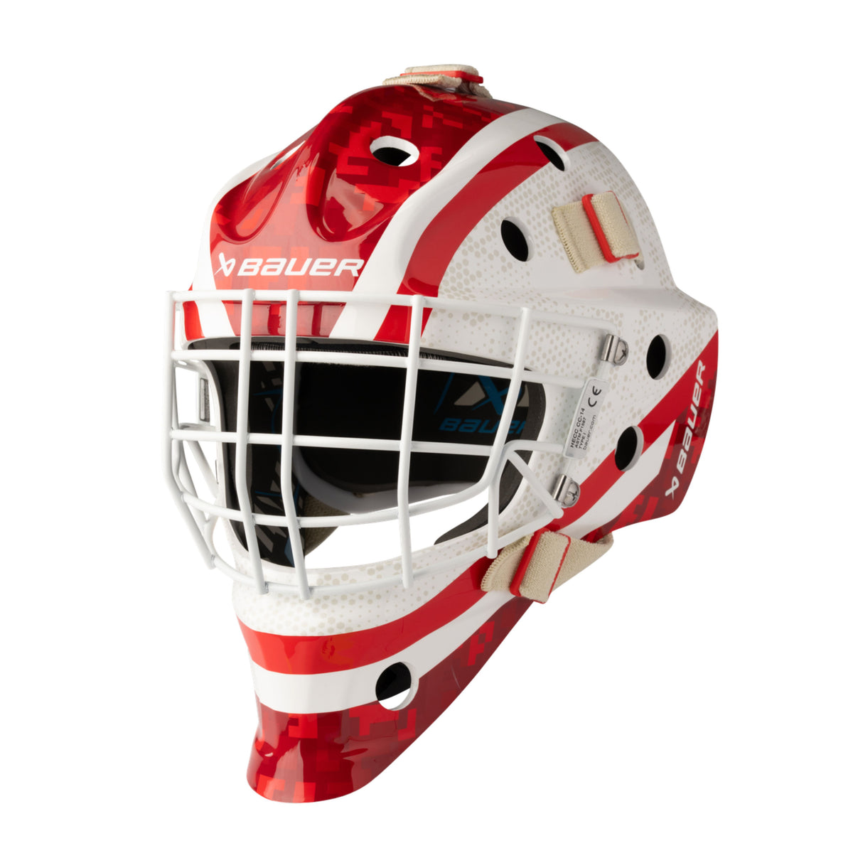 A photo of the BAUER 930 Decal Goal Mask in colour white and red.