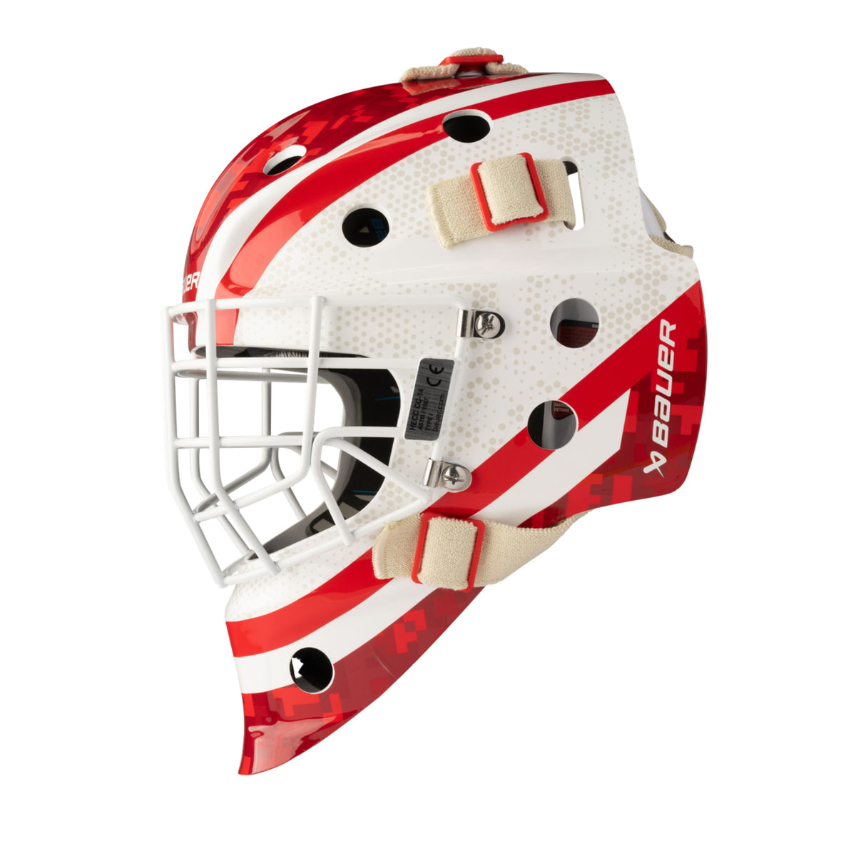 A photo of the BAUER 930 Decal Goal Mask in colour white and red.