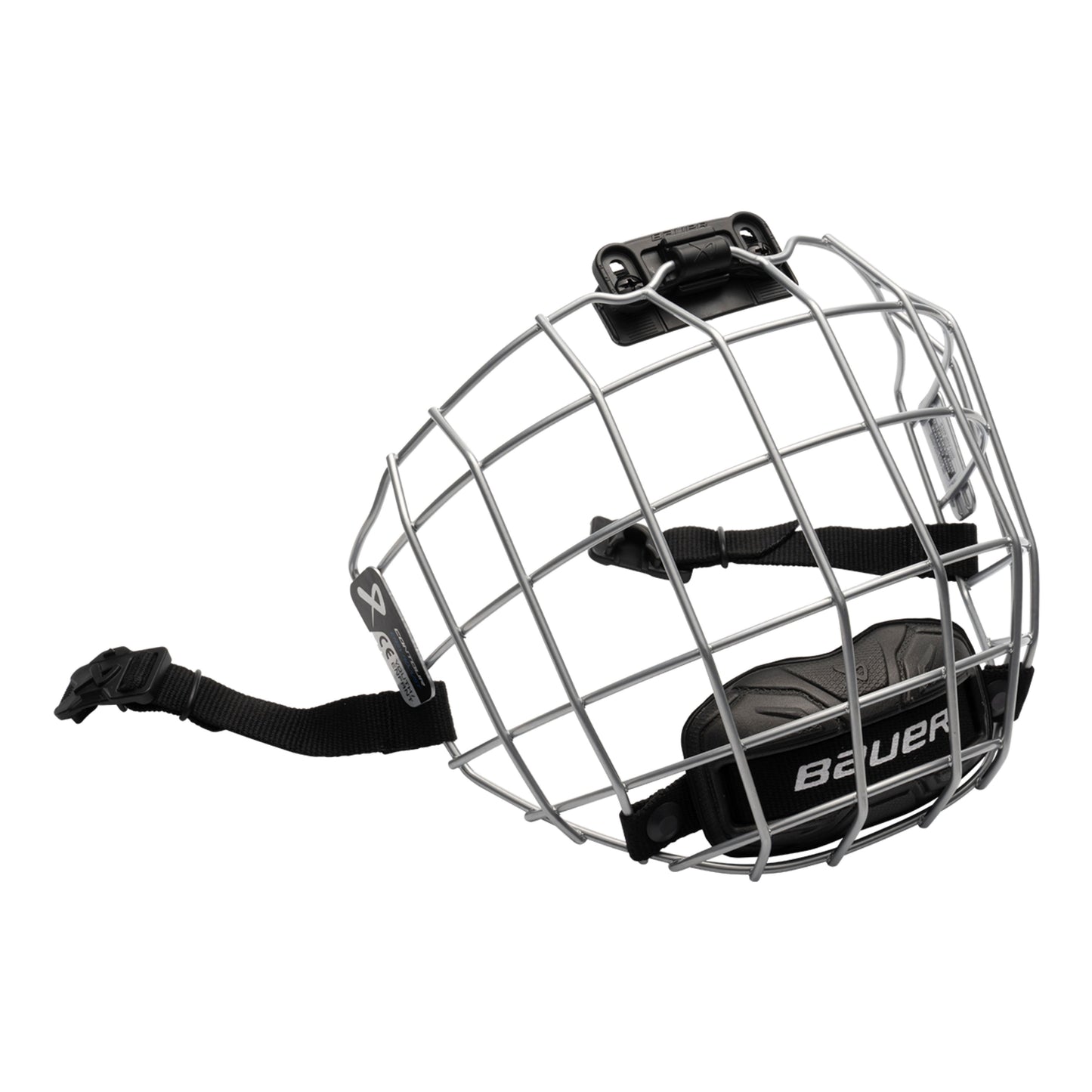 A photo of the BAUER Contour Facemask in silver with a black chin strap.