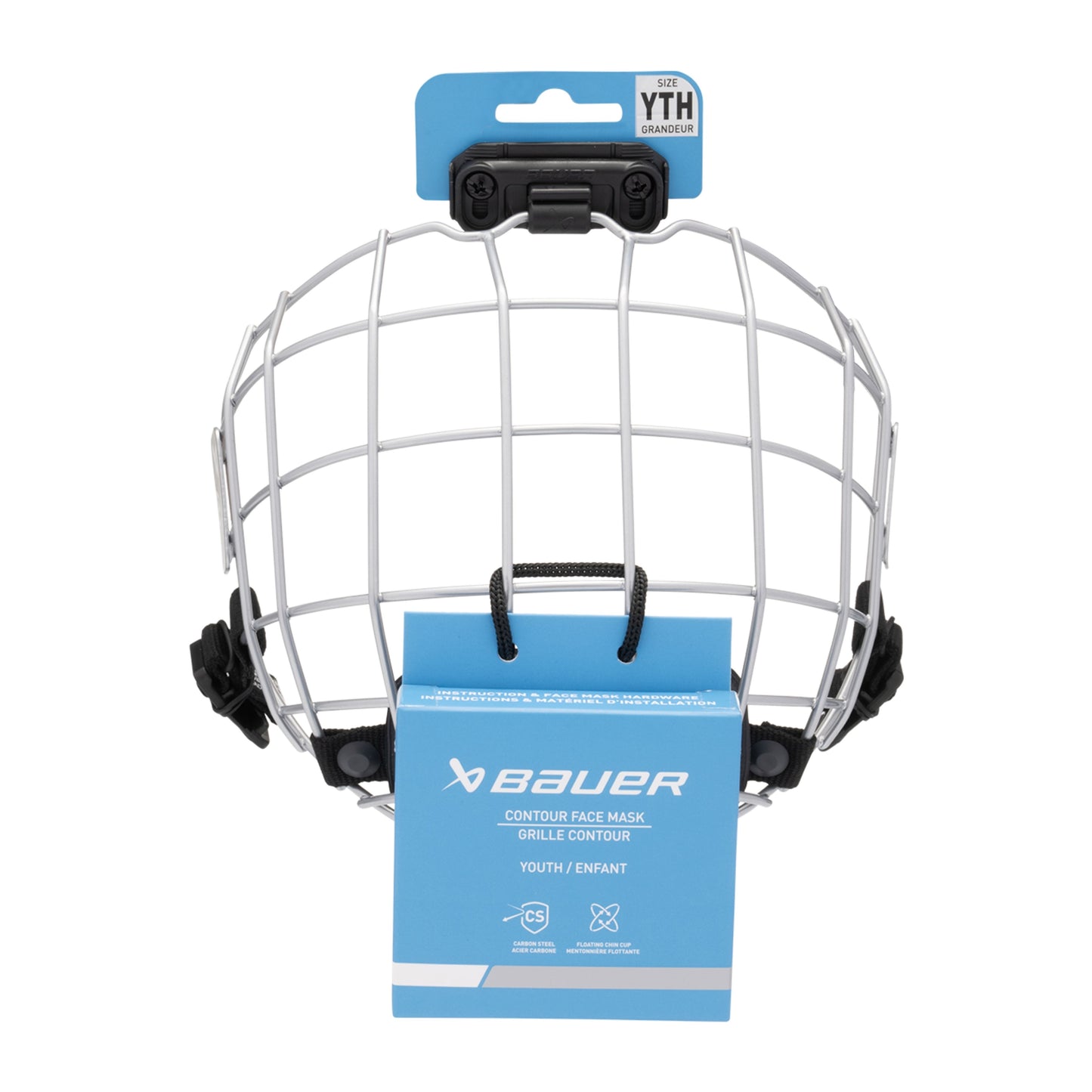 A photo of the BAUER Contour Facemask in silver with a black chin strap.