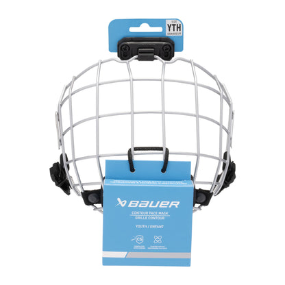 A photo of the BAUER Contour Facemask in silver with a black chin strap.