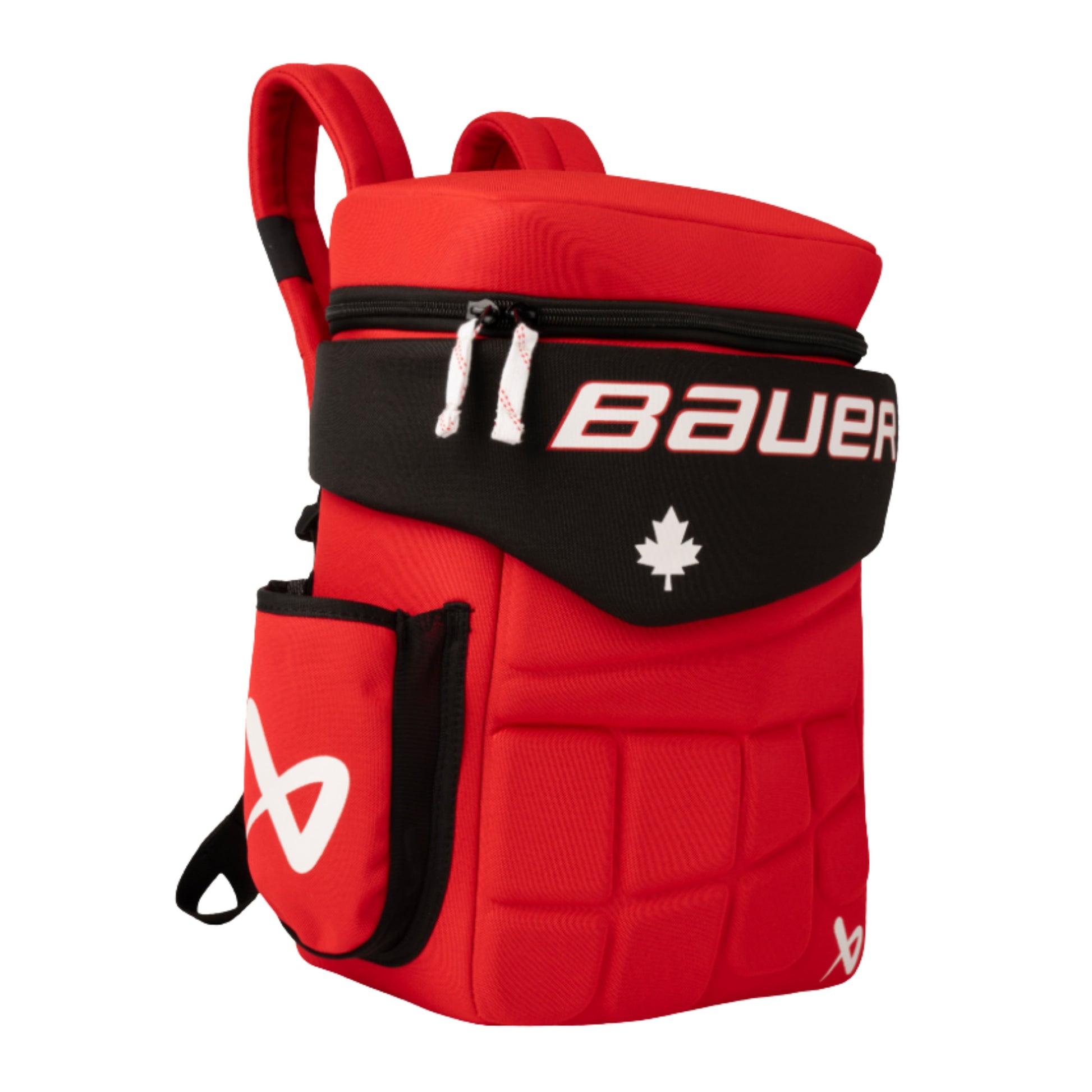 A photo of the Bauer Glove Backpack in colour red and black.