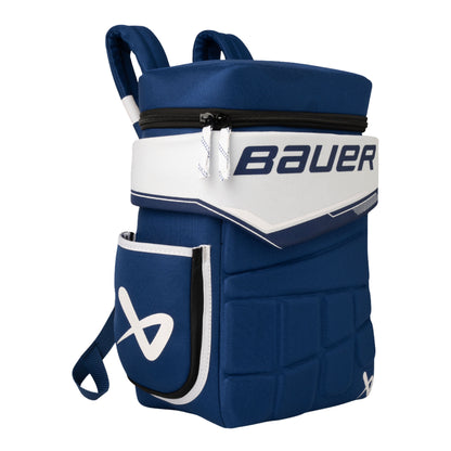 A photo of the Bauer Glove Backpack in colour blue and white.