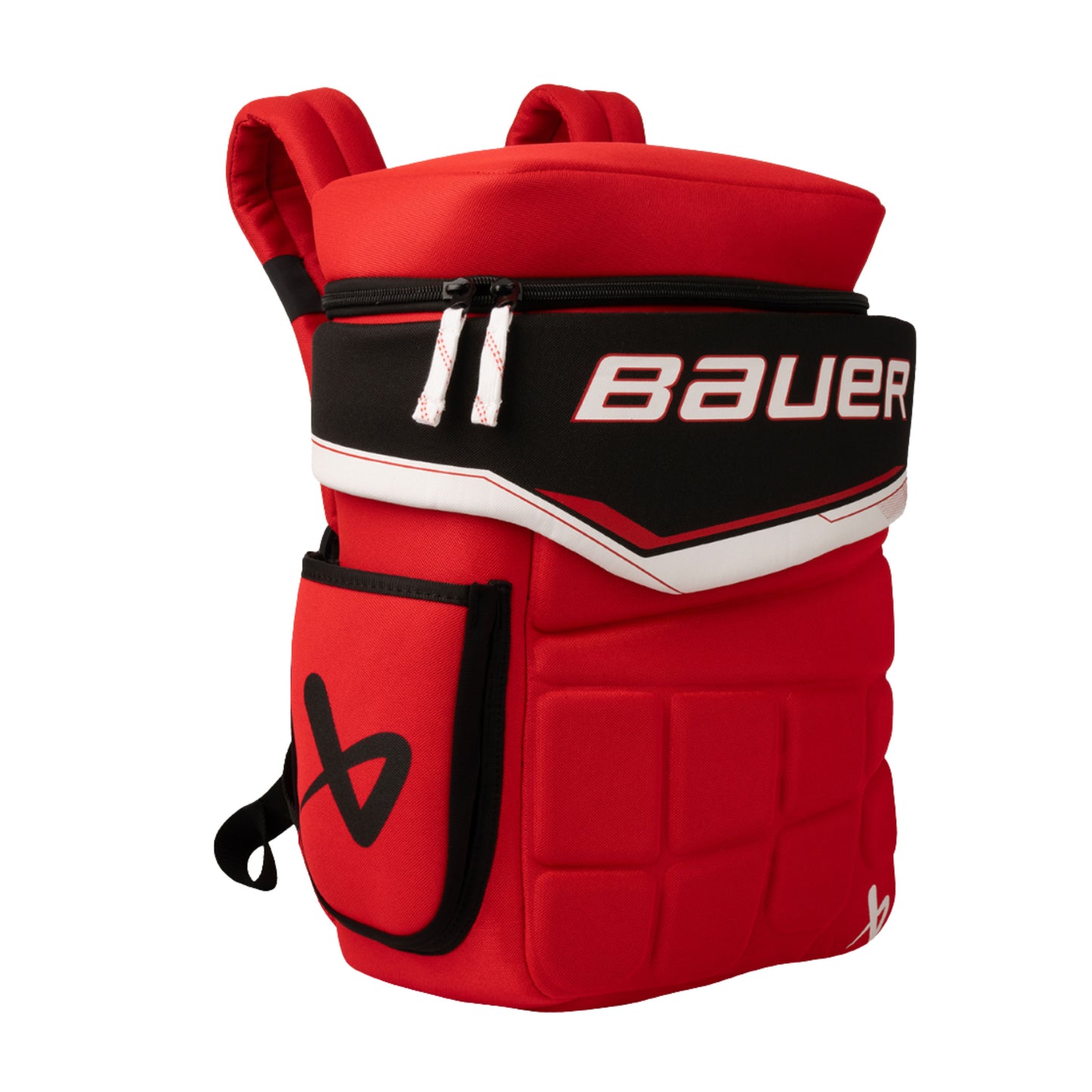 A photo of the Bauer Glove Backpack in colour red and black.