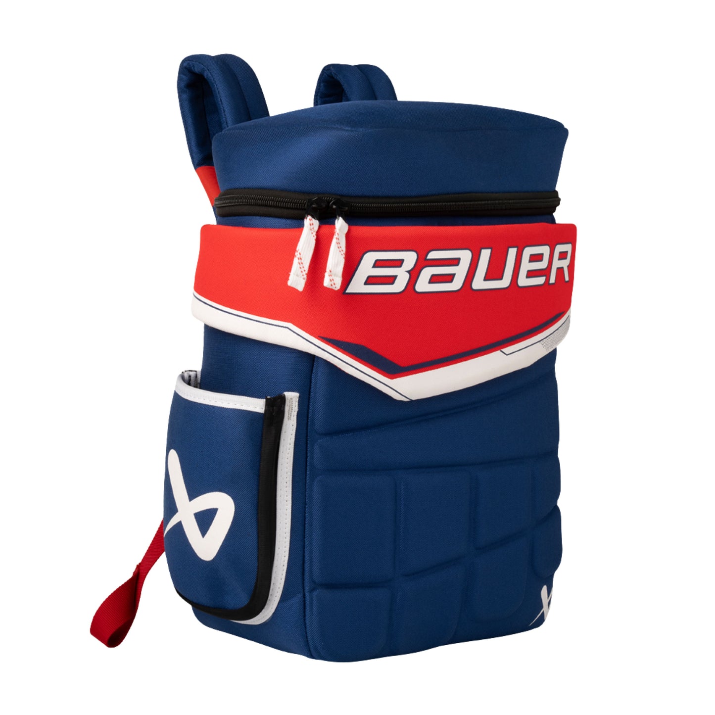 A photo of the Bauer Glove Backpack in colour blue and red.