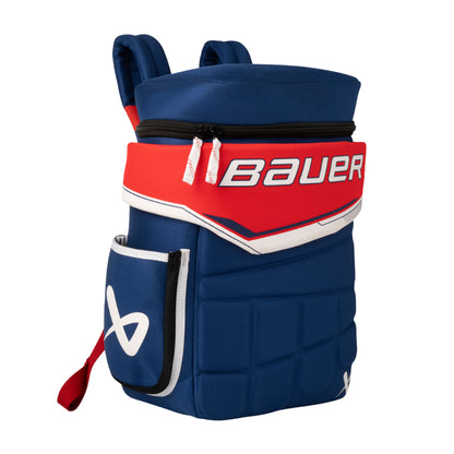 A photo of the Bauer Glove Backpack in colour blue and red.