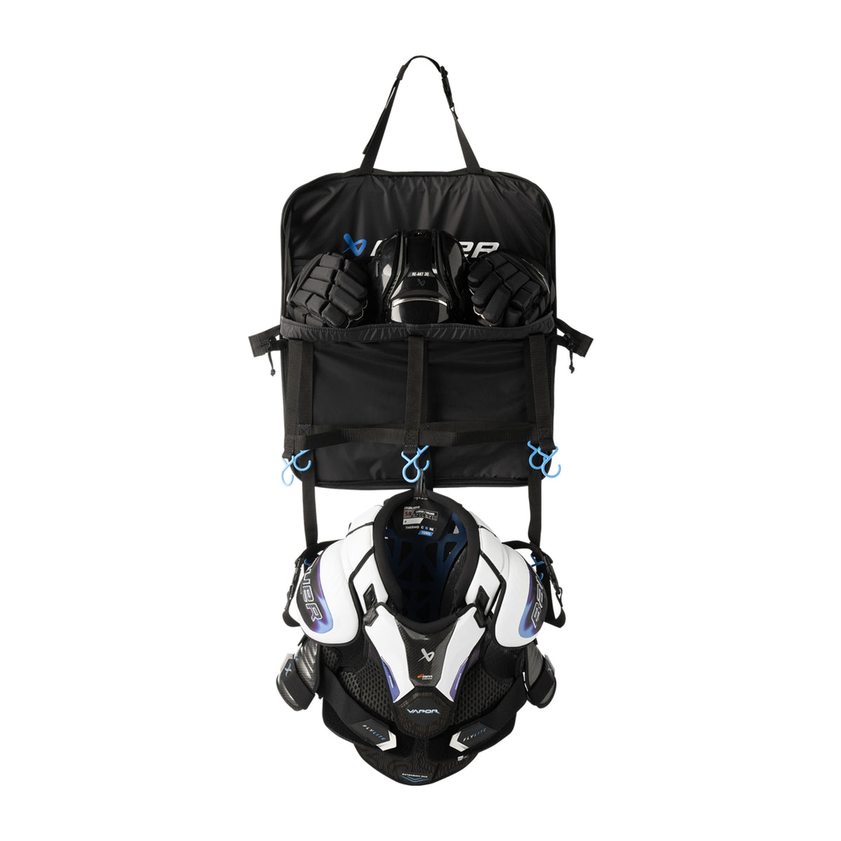 A photo of the BAUER Hanging Gear Rack in colour black with blue hooks.