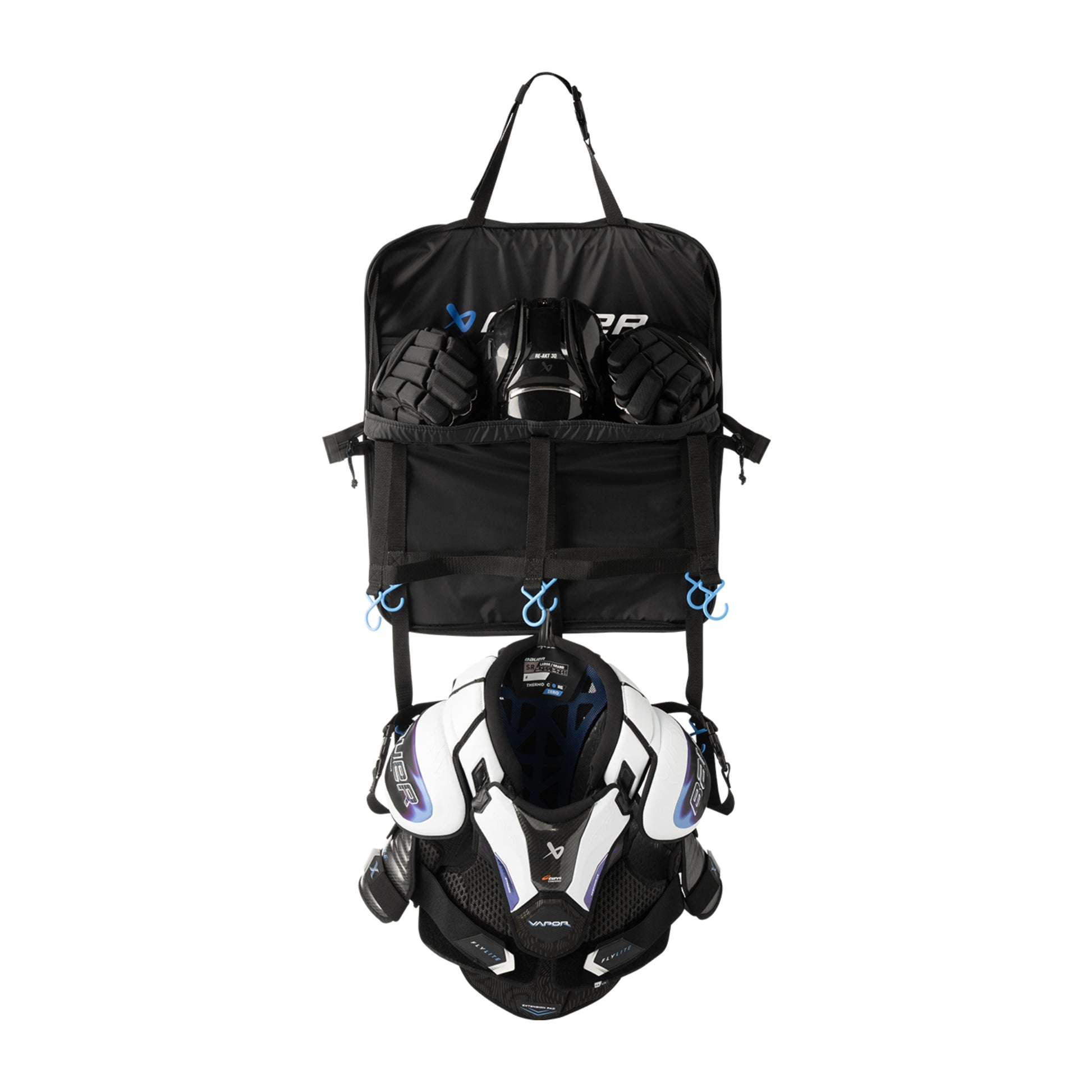 A photo of the BAUER Hanging Gear Rack in colour black with blue hooks.