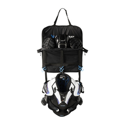 A photo of the BAUER Hanging Gear Rack in colour black with blue hooks.