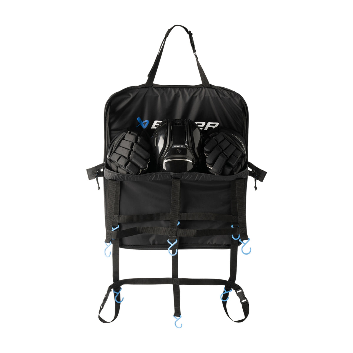 A photo of the BAUER Hanging Gear Rack in colour black with blue hooks.