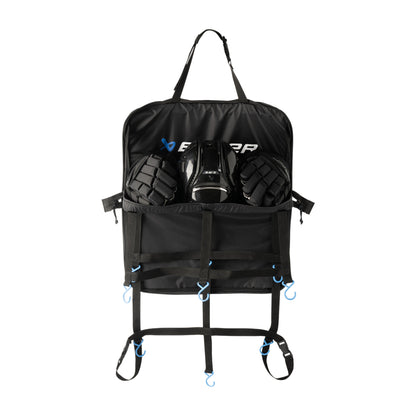 A photo of the BAUER Hanging Gear Rack in colour black with blue hooks.