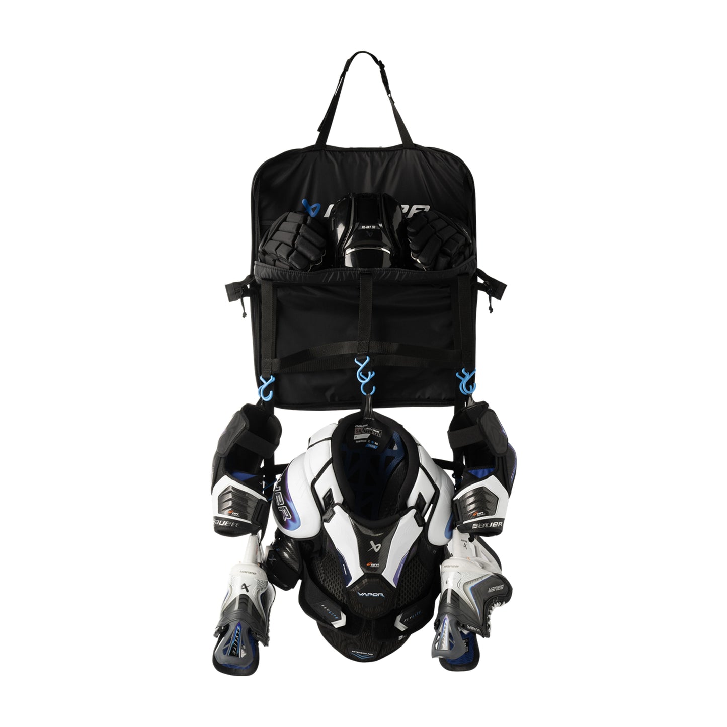 A photo of the BAUER Hanging Gear Rack in colour black with blue hooks.