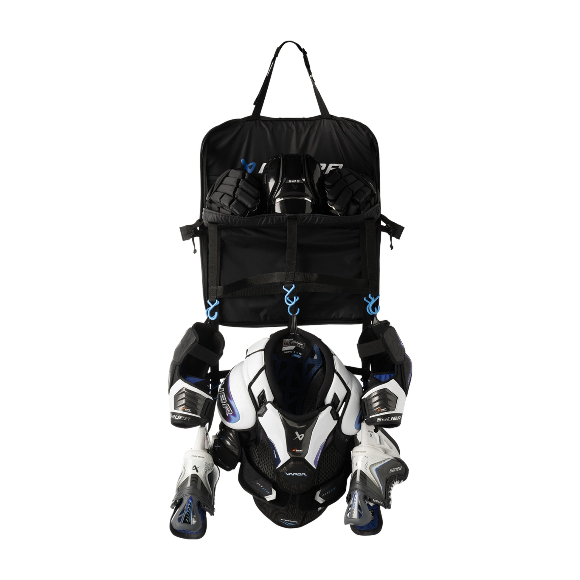 A photo of the BAUER Hanging Gear Rack in colour black with blue hooks.