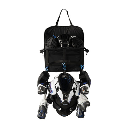 A photo of the BAUER Hanging Gear Rack in colour black with blue hooks.