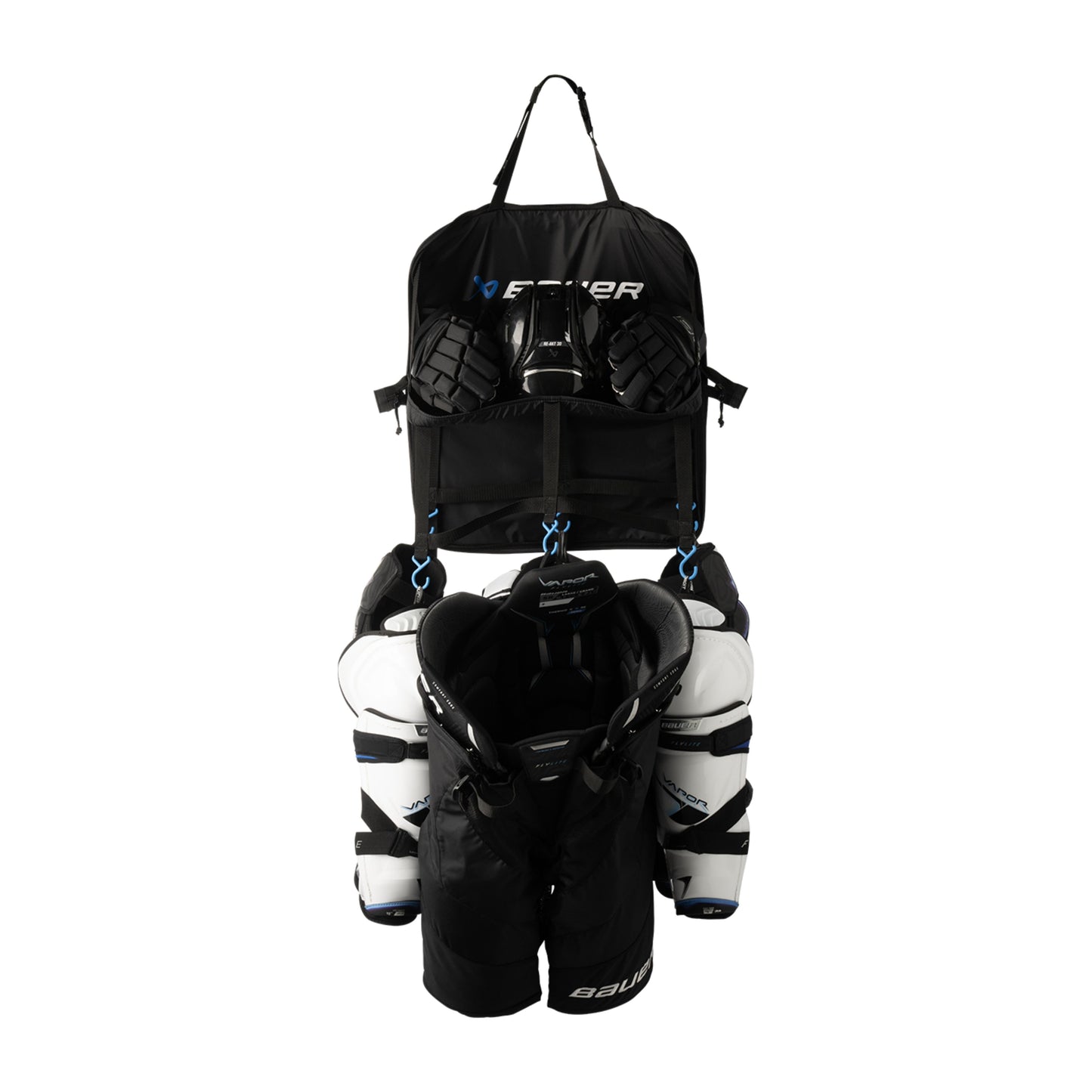 A photo of the BAUER Hanging Gear Rack in colour black with blue hooks.