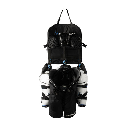A photo of the BAUER Hanging Gear Rack in colour black with blue hooks.