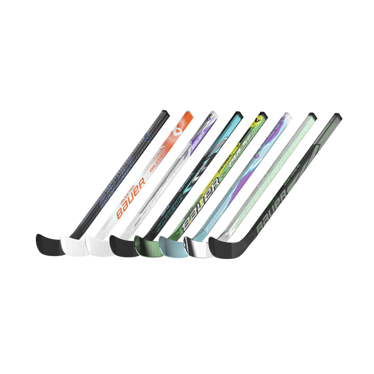 A photo of the entire BAUER Mystery Minis® Player Sticks 2026 collection.