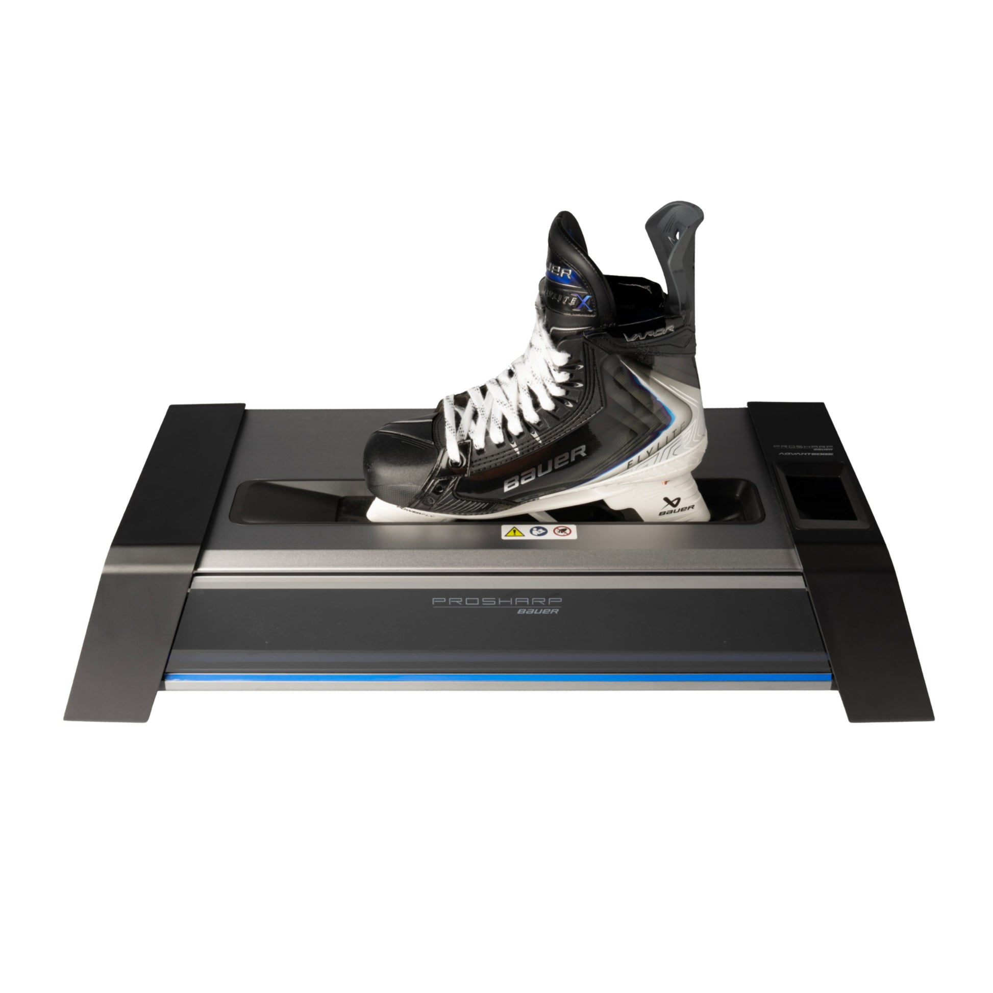 A photo of the BAUER PROSHARP ADVANTEDGE Skate Sharpening Machine in colour black and blue. Bauer Vapor Skate in machine.