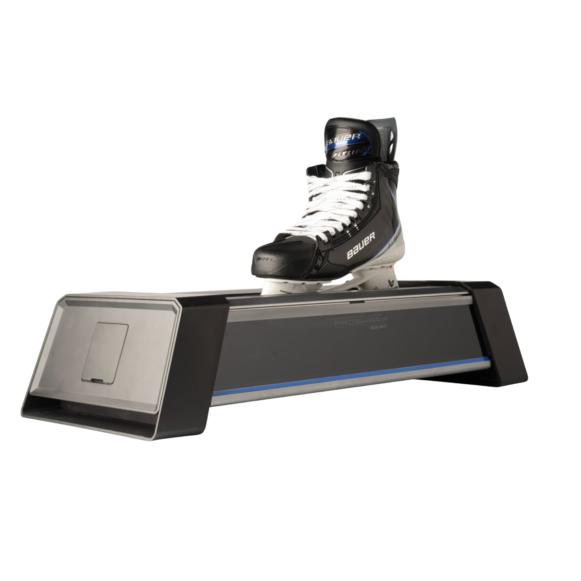 A photo of the BAUER PROSHARP ADVANTEDGE Skate Sharpening Machine in colour black and blue. Bauer Vapor Skate in machine.